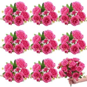 8 Bundles Artificial Peonies Flowers Boho Faux Flowers Arrangements Artificial Centerpiece Spring Bouquet Floral Wedding Decoration for Vase (Hot Pink)