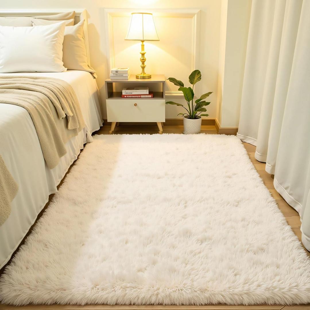 Softlife Area Rug for Bedroom, Fluffy Shag Plush 3x5 Cream Rugs for Living Room Girls, Shaggy Throw Soft Fuzzy Small Kids Carpet for Dorm Bedside Ultra Cozy Non-Slip Indoor Decor