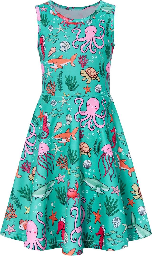 RAISEVERN Girls Dresses Sleeveless Summer Casual Twirl Sundress for 4-13 Years (00-01-aquarium, Medium)