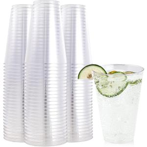 FOCUSLINE 100 Pack 14 oz Clear Plastic Cups, Disposable Cups Large Reusable Plastic Tumblers, Heavy-duty Clear Cups 14 Ounce for Wedding Party, Thanksgiving, Halloween, Christmas