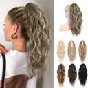 LONAI Ponytail Extension, 18" Wavy Claw Clip Ponytail Extensions ZJ001 Curly Wavy Claw Clip in Hair Extensions Synthetic Fake Pony tails Hairpieces-Ash Brown with Blonde Highlights