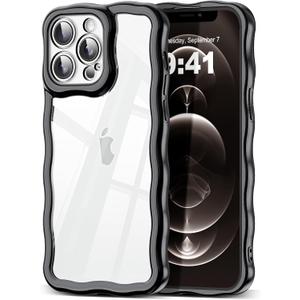 SKYLMW Compatible with iPhone 12 Pro Max Case, Kawaii Cute Curly Wave Frame Luxury Plating Edge, Stylish Glossy Clear Back, Soft TPU Shockproof Protective Cases for iPhone 12 Pro Max, Black