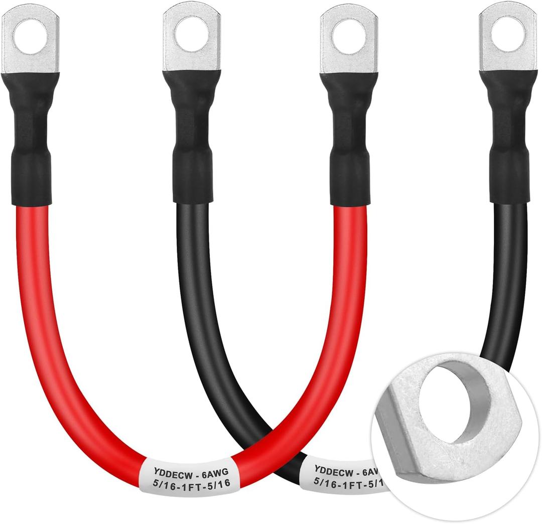 Battery Cable 6 Gauge 1FT, 6AWG Battery Power Inverter Cables (1 Positive & 1 Negative) with 5/16" Lugs Terminals for Automotive Solar Marine Boat RV Car Motorcycle