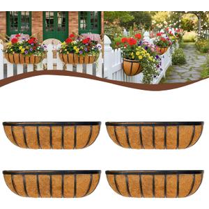 4 Pcs 24 Railing Planter Window Box Deck Railing Planter Boxes with Coco Liner English Horse Trough Planter Metal Wall-Mounted Planters Basket for Outdoor Balcony Porch Fence Patio Rail