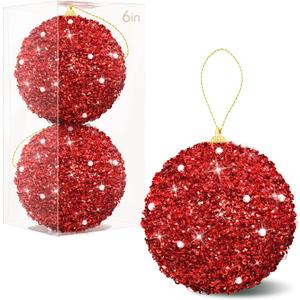 2 Pcs 6 Inch Christmas Ball Ornaments Glitter Sequin Ball Large Red Christmas Tree Decorations Xmas Hanging Balls for Home New Year Holiday Indoor Outdoor Party Decor (2, Red, 6 Inch)