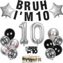 10th Birthday Decorations for Boys,Black Glitter Banner and Cake Topper, 32 inch Silver Number Balloons 1 and 0,and Black Silver Confetti Latex Balloons for 10th Birthday Party Supplies