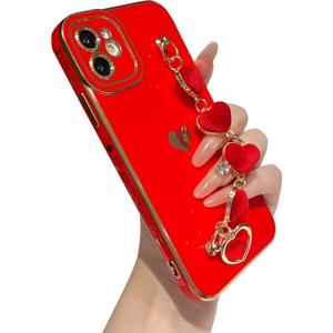 Caseative for iPhone 11 Case,Cute Plating Love Heart Wrist Strap Chain Bracelet Phone Case (Red)