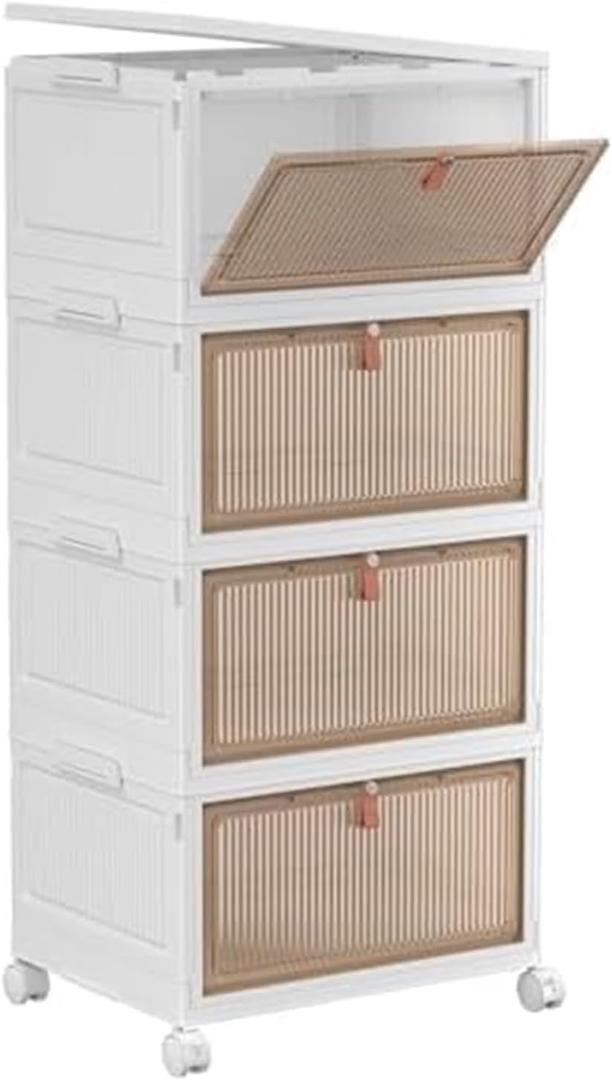 Foldable Storage Bins Boxes with Lid Wheels and Magnetic Door, Collapsible Stackable ABS Organizer for Kitchen Cloakroom Closet Living Room & Office 4 Tier