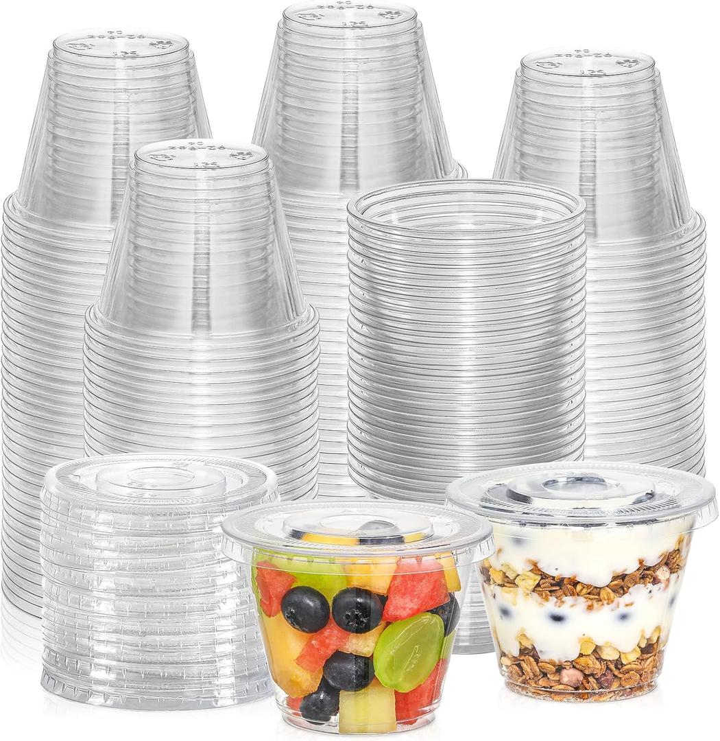 AOZITA [50 Sets, 9 oz Clear Plastic Cups With Flat Lids No Hole, Disposable Cups With Lids for Ice Cream, Pudding, Cake, Snacks Smoothie, Milkshake, Cold Drinks