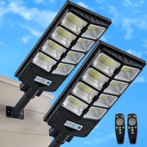 Solar Street Lights Outdoor, IP67 Waterproof Wall-Mounted LED Flood Light with Motion Sensor & Remote Control - Auto Dusk to Dawn Security Lighting for Patio, Garden, Garage, Courtyard-2 Pack (800W-2P)