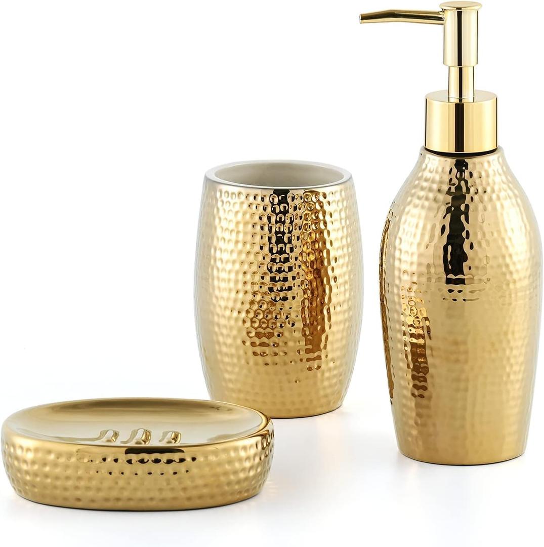 Gold Bathroom Accessory Set - 3 Piece Decorative Ceramic Bathroom Accessories Sets with Lotion Soap Dispenser, Toothbrush Holder/Tumbler and Soap Dish, Golden Gift Set for New Home Decor (Water Drop Pattern)