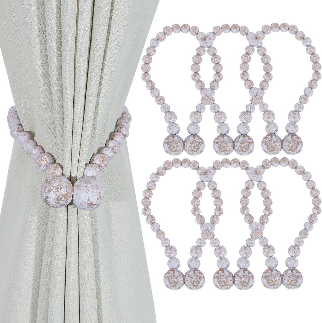 KLOGTSIND Magnetic Curtain Tiebacks, Curtain Tie Backs for Curtains 6 Pack, Wood Bead Curtain Tiebacks, Curtain Holders for Boho Bedroom Decor, Baby Nursery Decor, Farmhouse Decor (Whitewashed)