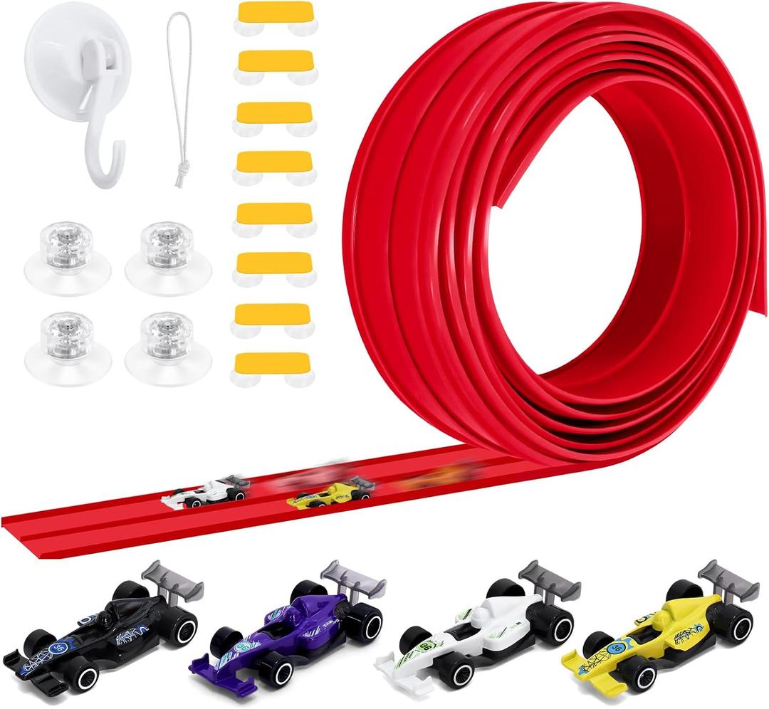15Ft Flex Tracks Starter Kit Race Car Track for Kids, Race Car Ramp Track Compatible with Hot Wheels and Diecast 1/64th Cars, with Suction Cup and Storage Bag Portable Rolls Up Race, Children's Gifts