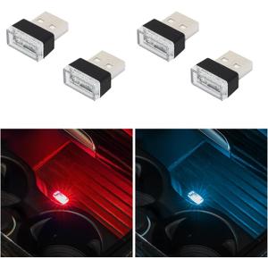 Augeny 4 PCS USB LED Car Interior Atmosphere Lamp, Plug-in USB Decor Night Light, Portable Auto Ambient Lighting Kit, Universal Vehicle Interior Accessories for Most Cars (2 Red+2 Ice Blue)
