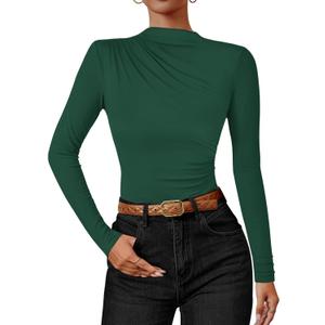 ZESICA Women's Long Sleeve Tops Mock Neck Ruched Tight Shirts 2026 Spring Trendy Outfits (Green, S)