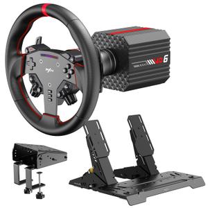 PXN VD6 Bundle: PC Steering Wheel and Pedals  6 Nm Direct Drive Servo Motor Base, W AS Racing Wheel, Hall Effect 2-Pedal Set, and Z9 Table Clamp  Professional Sim Racing Setup for Windows PC (711)