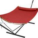 SUPERJARE Hammock with Stand, 2 Person Heavy Duty Hammock with Padded Cotton, Detachable Pillow & Strong Curved-Bar & Portable Carrying Bag, Perfect for Outdoor & Indoor, Red