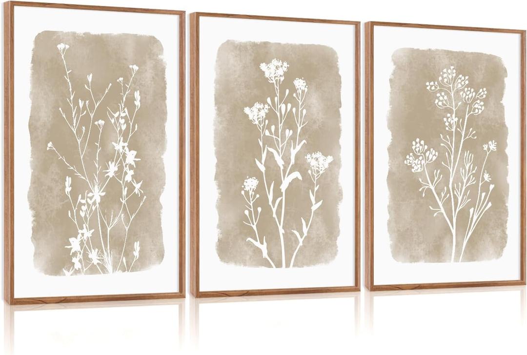 CHDITB Beige Florals Wall Art Set, Framed Boho Flower Wall Decor, Neutral Minimalist Botanical Wall Painting, Modern Vintage Wildflower Canvas Art Prints for Living Room, Bedroom, Grids Room 16"x24"x3