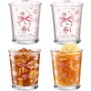 Maxdot 4 Pcs 8oz Coquette Bow Glass Cups Pink Bow Aesthetic Drinking Glasses Cute Coffee Mugs Wine Glasses Coquette Gifts for Women Girls Birthday Wedding Bridal Shower(Bow and Rose)