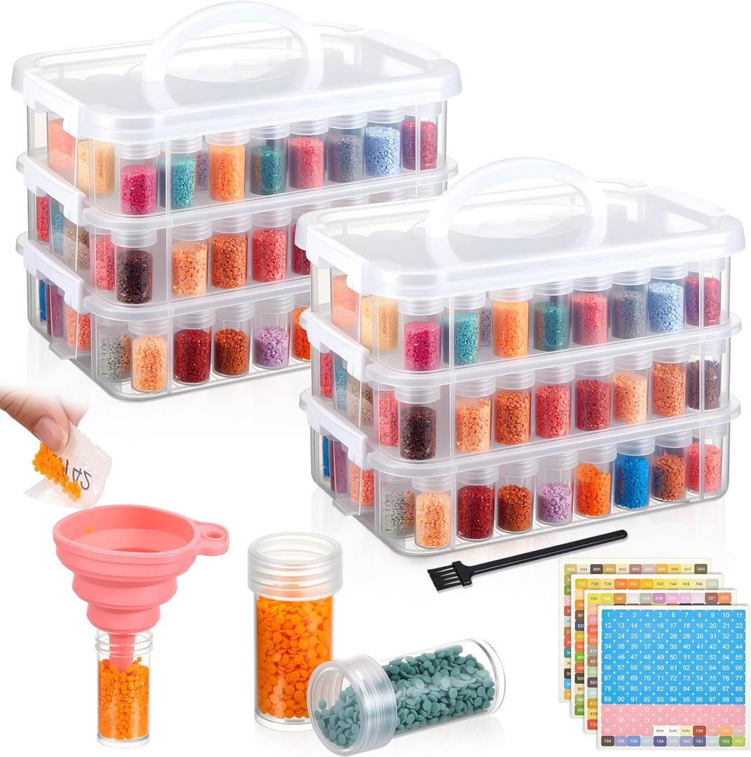 2 Pcs 3 Tier Diamond Art Storage Containers 300 Slots Portable Bead Organizer Box, Stackable Crafts Organizers for DIY Diamond Art Craft Jewelry Bead Storage