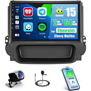 2+64G for Chevrolet Chevy Malibu 2009-2014 Android 15 Car Stereo Wireless Apple CarPlay Android Auto,9 inch Touch Screen Radio WiFi Bluetooth GPS FM RDS+Free AHD Backup Cam