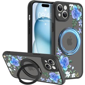 AIGOMARA 360 Spin Magnetic Stand for iPhone 15 Case,Compatible with MagSafe,Flower Pattern with Soft TPU and PC Back Protection Semi-Transparent Frosted Design for Women Blue