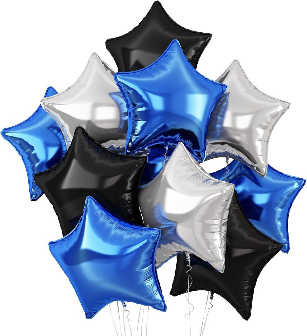 Blue Silver Star Balloons,10Pcs Black Silver Star Shaped Foil Balloons,18Inch Black Blue Helium Balloon for Graduation,Birthday,Anniversary,Wedding Party Decorations