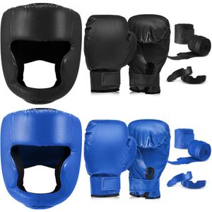 Kanayu 14 Pcs Boxing Gloves and Headgear Set for Beginners Youth 16 Ounce Boxing Gloves Headgear Helmet Hand Wraps Mouth Guards Equipment for Beginners Training Equipment Gifts (Black, Blue)