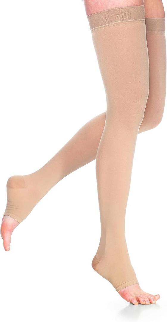 DYNAVEN by Sigvaris Women's Compression Thigh-Highs 20-30mmHg - Open Toe & Grip-Top Design for Enhanced Support - Medium Short - Light Beige
