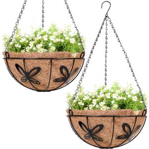 Hanging Planter with Coco Coir Basket Liner - Round Wire Plant Holder for Outdoor Lawn Patio Balcony Garden Deocr, Butterfly Pattern Outside 12 Inch Plants Pot, 2 Pack