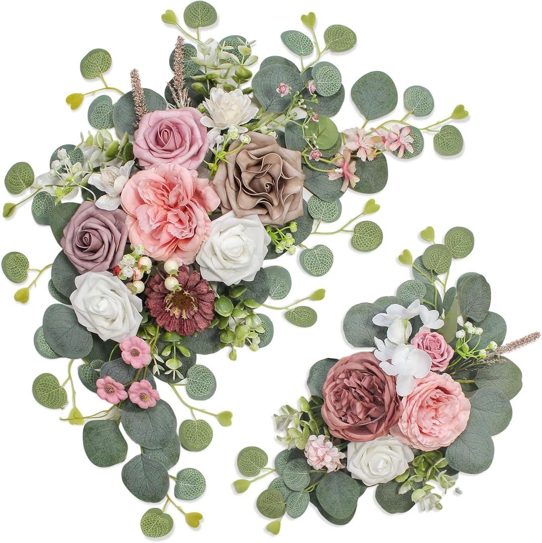 Artificial Wedding Arch Flowers for Wedding Sign,Set of 2 for Wedding Welcome Ceremony Sign,Faux Floral Swags,Wedding, Banquet and Reception Backdrop Floral Decoration (Coffee Pink) (Coffee Pink)