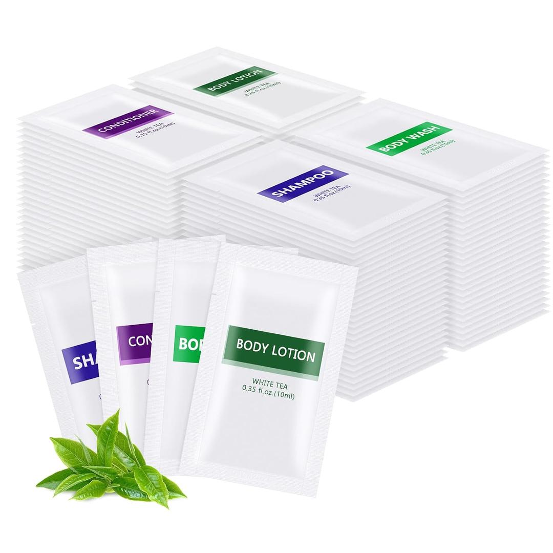 4IN1 Toiletries Set Travel Size Toiletries Bulk(100 Pcs) 4-Piece Set: 25pcs Travel Size Body Wash, 25pcs Hotel Shampoo, 25pcs Mini Conditioner, 25pcs Body Lotion, Bulk Mini Guest Amenities Supply (0.35 Fl Oz (Pack of 100))
