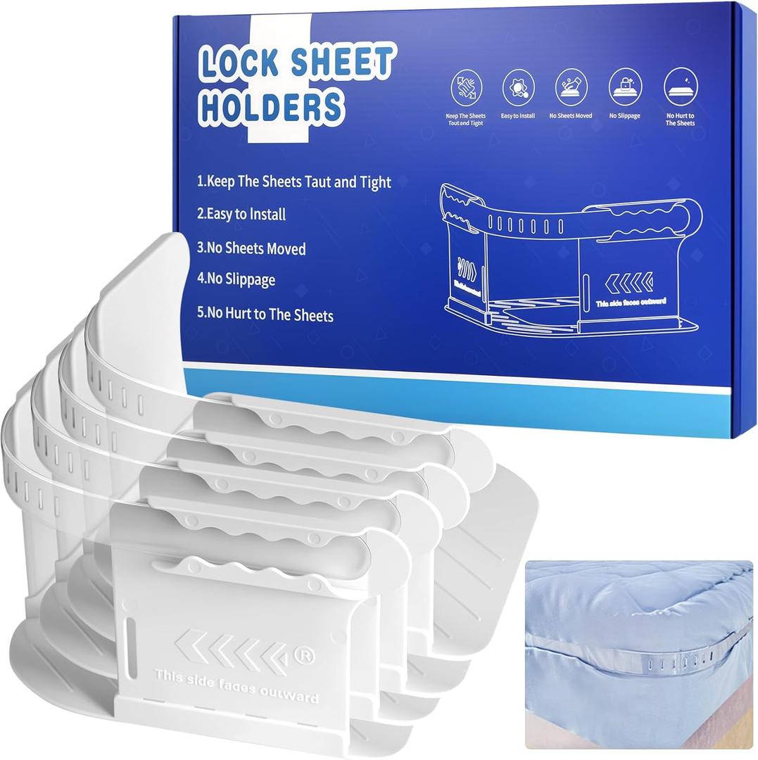 Bed Sheet Holder with Lock Strips, Heavy Duty Sheet Holders, Corner Fastener with 4PCS Bed Sheet Clips, Lock Bed Sheet Keep Sheets Firm Tight, Fit Any Mattress Size, Easy One-Time Installation