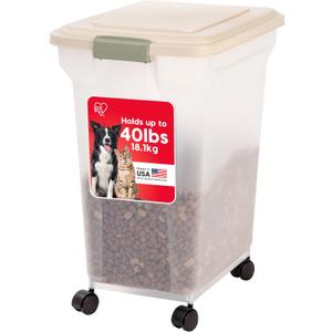 IRIS USA Airtight Dog Food Storage Container, WeatherPro, Up to 40 lbs, Removable Wheels, for Dog Cat Bird and Other Pet Food Storage Bin, Keep Fresh, Translucent Body, Made in USA, Clear/Almond