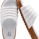 GPOS Womens Slides with Memory Foam Soft Cushioned Cozy House Slippers for Woman Comfy Open Toe Ladies Sandals Leather Slip on Bedroom Shoes Plantar Fasciitis Indoor Outdoor (White)