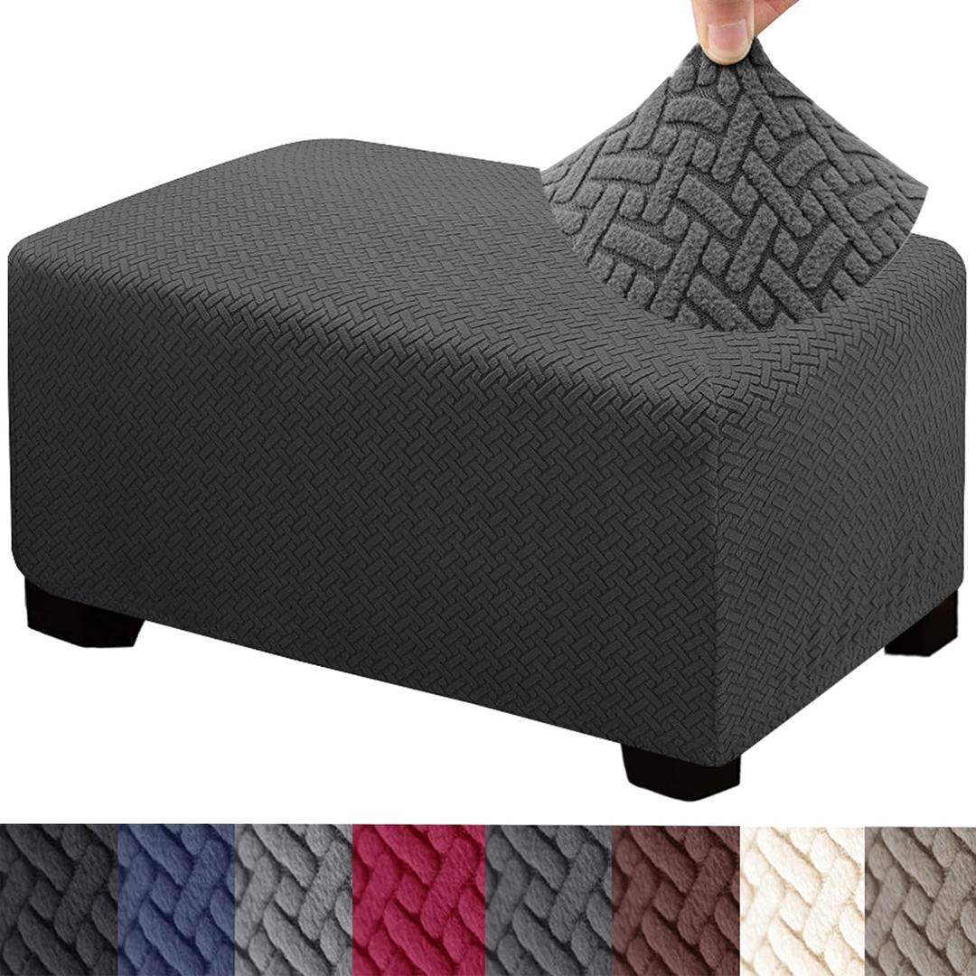 HFCNMY Ottoman Cover Rectangle,Stretch Knitted Jacquard Rectangle Ottoman Cover Thick Slipcover for Ottomans Soft Foot Stool Cover with Elastic Bottom Dark Gray Large
