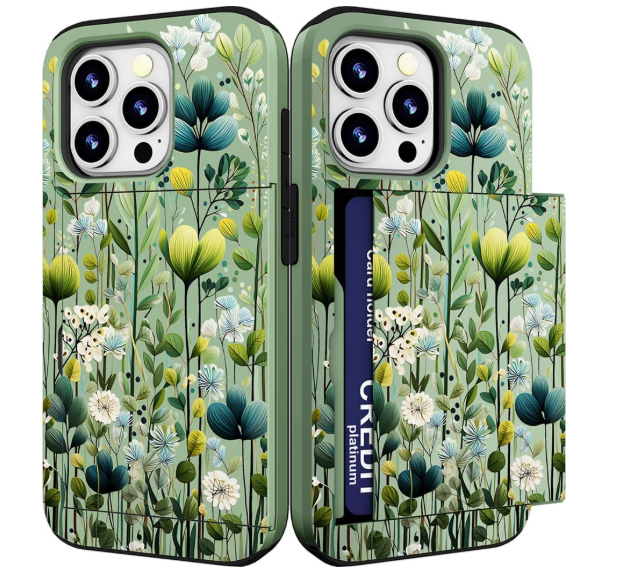 DYZTUNOCA Compatible with iPhone 16 Pro Case Wallet Cute for Women with Design,Rugged Credit Card Holder Slot Protective Phone Skin Cases Girly Design (green Vibrant Colorful Flowers)