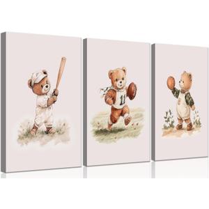 VOIKRTJX Nursery Teddy Bear Wall Art Boy Sports Paintings Wall Decor Baby Boy Wall Art Nursery Sports Pictures Painting Kids Room Animal Canvas Artwork for Children Bedroom Playroom 16x24 Inch 3Pcs (24L" x 16W")