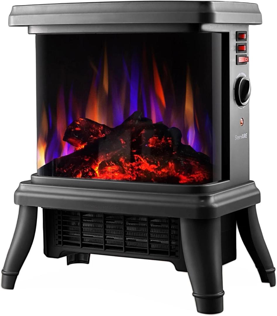 18“ Panoramic Window 1500W/1650W Electric Wood Stove Fireplace with Flame Effect, 4 in 1 Freestanding Indoor Space Heater. 3S of Rapid Heat. Fully Curved 3D Panoramic Flame Effect,Black