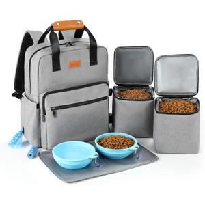 Dog Travel Bag, 25L Airline Approved Dog Travel Backpack for Pet Travel Accessories with 2 Food Storage Containers, 2 Foldable Bowls for Short Trips, Grey