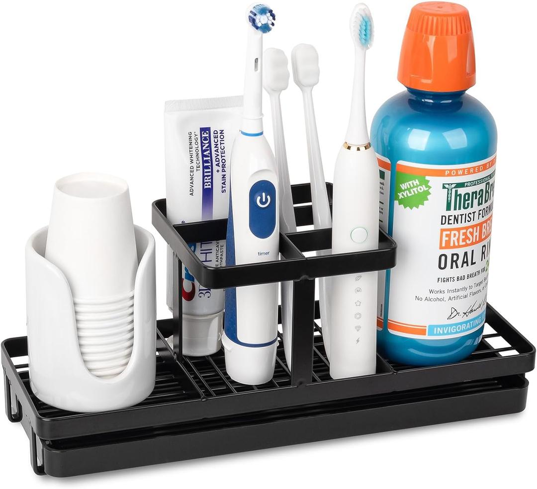 Toothbrush Holders for Bathrooms, Carbon Steel Tooth Brushing Holder Electric Toothbrush and Toothpaste Organizer Bathroom Accessories for Countertop, Shower, Sink, 5 Slots, Matte Black (Large)