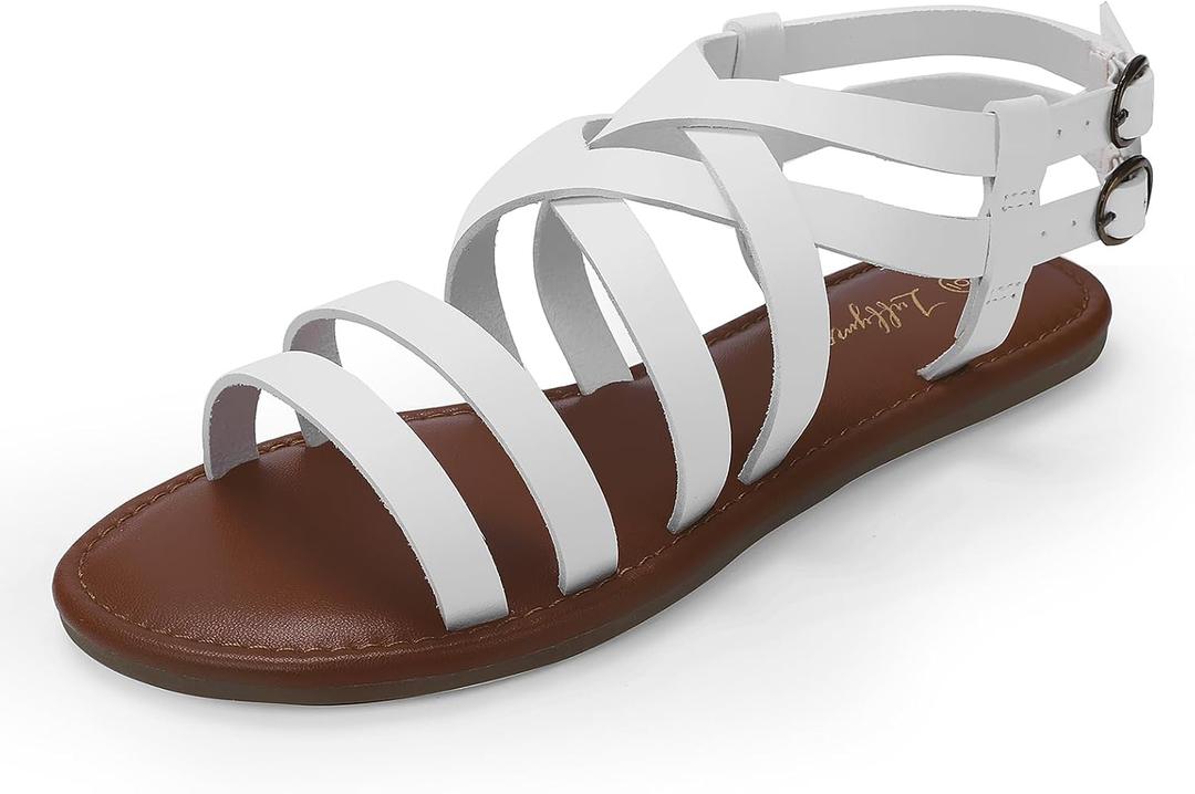 Luffymomo Women's Flat Sandals Open Toe Casual Strappy Sandals Comfortable Ankle Strap Gladiator Slides (6, White)