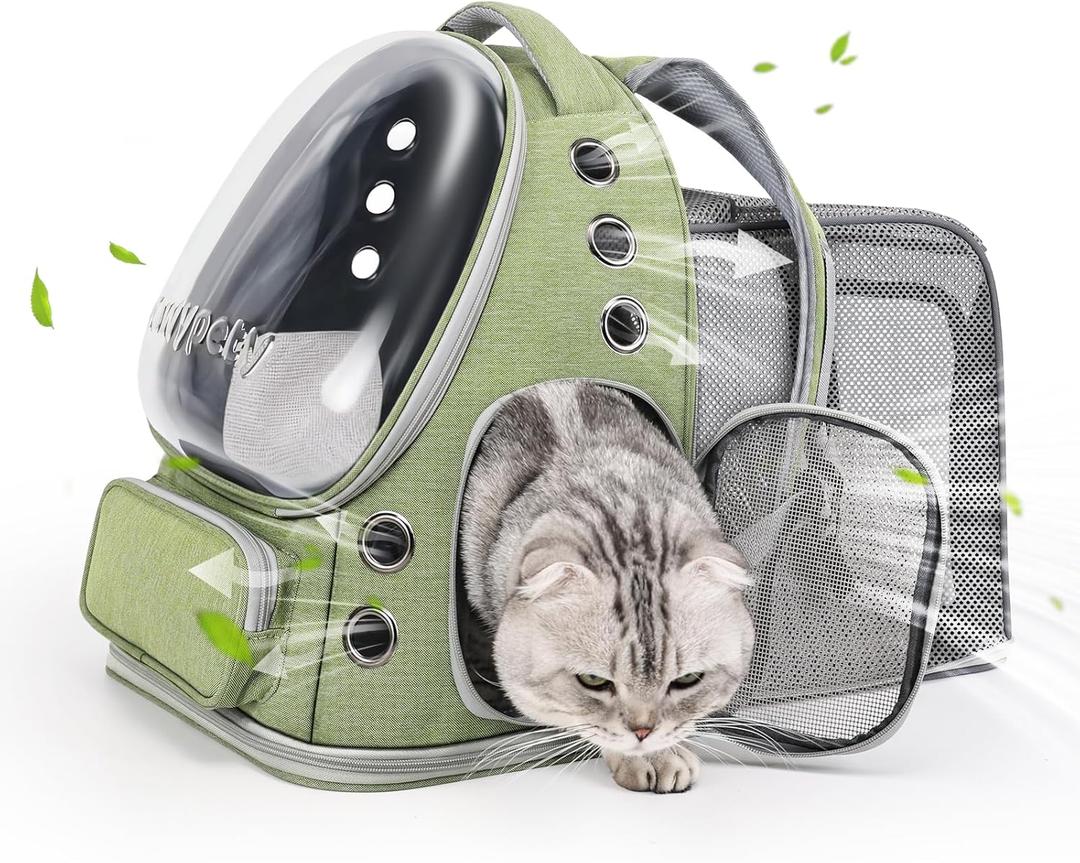 Cawypety Expandable Cat Backpack,Cat Bubble Backpack Carrier for Carrying Cats, Pets and Small Dogs,Airline-Approved,Designed for Travel, Hiking, Walking,Car (Square Expandable- Green)
