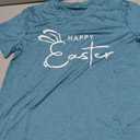 Blue Happy Easter T-Shirt, Short Sleeve Bunny Graphic Tee, Casual Easter Holiday Shirt, Size Small