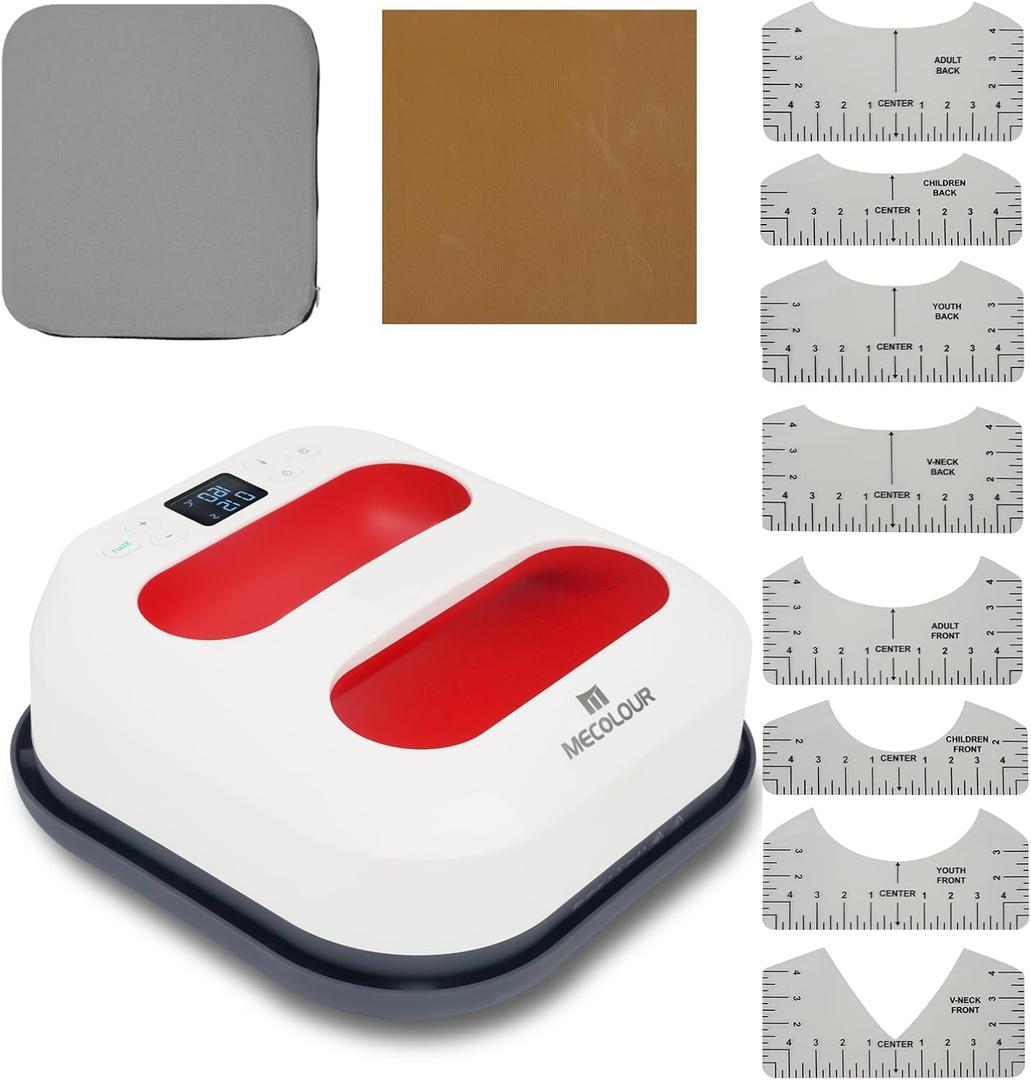 MECOLOUR Heat Press Machine for T Shirts, Portable Heat Press 9"X9" with Heat Press Mat, PTFE Teflon and 8 Pcs Tshirt Ruler Guide, Tshirt Press Machine for Sublimation, HTV, Heat Transfer 110V(Red)