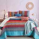 WONGS BEDDING Bohemian Quilt Set King Size, Boho Striped Printed Bedding Bedspread Coverlet Set for All Season, Lightweight Microfiber Quilts with 2 Pillowcases 104"x90" (3 Pieces, Colorful) (Beige)