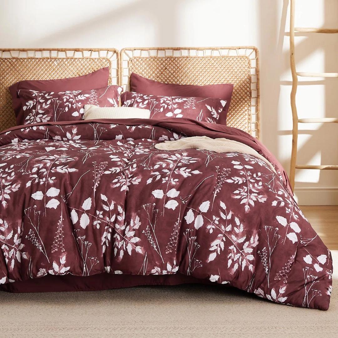 Bedsure Bed in a Bag - Reversible Flroal & Plant Pattern Printed with Comforters, Sheets, Pillowcases & Shams, 89GSM, 90x90 