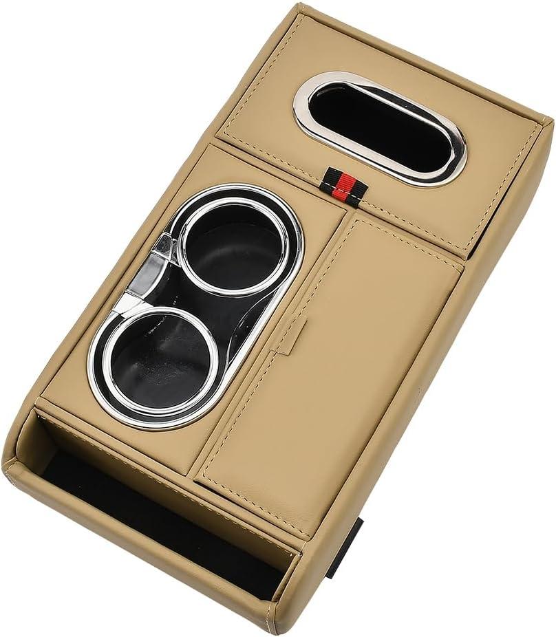 Car Armrest Cushion, High-End Feel Car Console Organizer Arm Rest Pad with 2 Cup Holders and Tissue Box, Center Console Storage Elbow Rest (Beige)