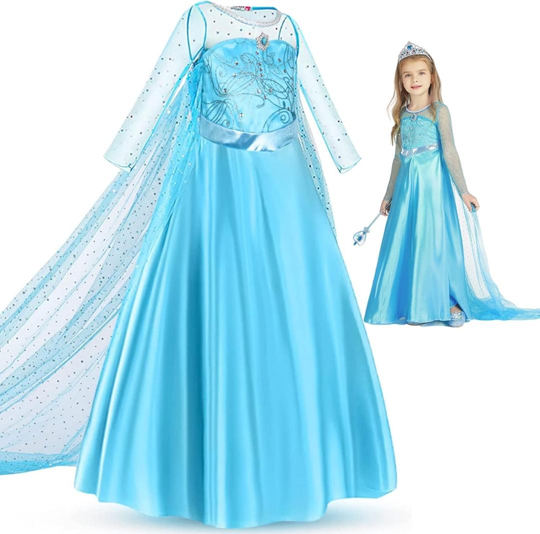 Princess Elsa Costume for Girls, Princess Cstume for Toddler Birthday Party Dress Up with Accessories Crown (3T/100, Blue)