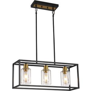 3-Light Kitchen Island Lighting, Farmhouse Pendant Island Light Fixture with Glass Shades, Black and Gold Chandelier for Dining Room, Restaurant, Foyer